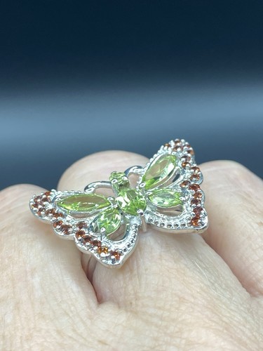 JTV Peridot Garnet Butterfly cocktail Ring Size 7.5 STS925 Platinum Over Silver  - Picture 14 of 24