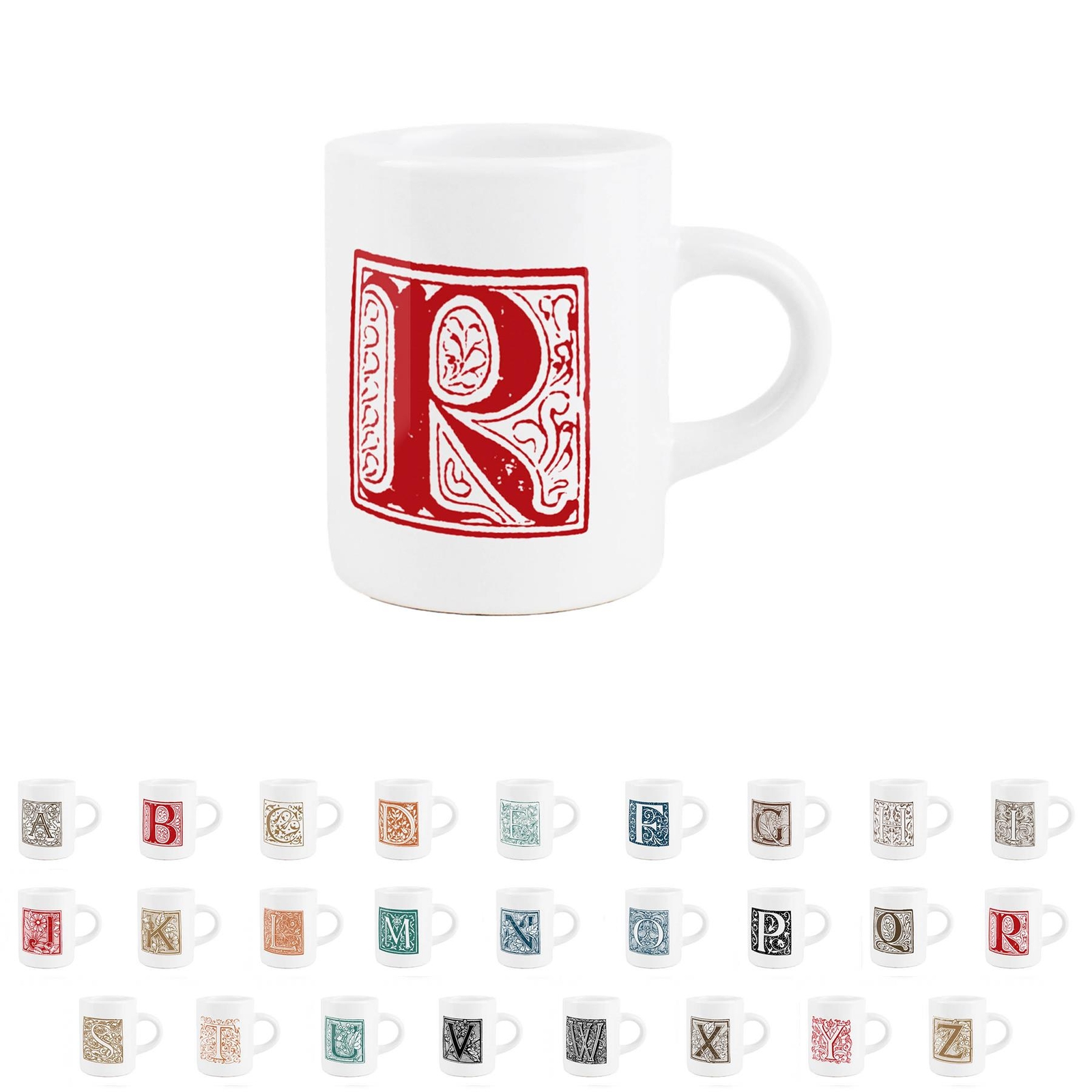 Letter Espresso Mug - Ornamental Alphabet Mini Ceramic Coffee Cup - Letter R