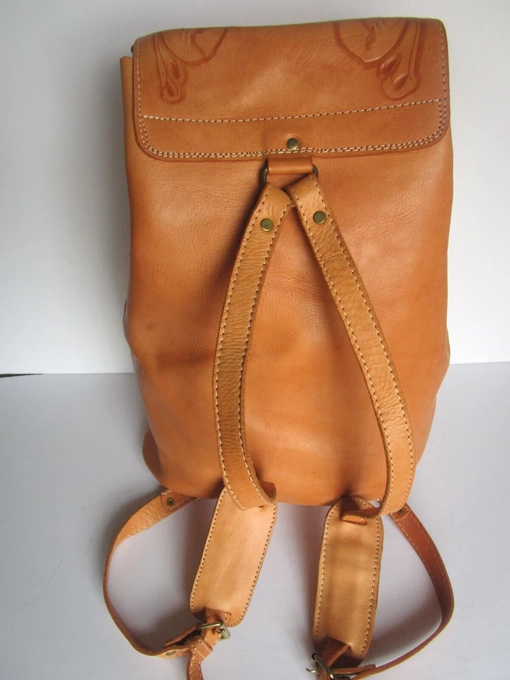 Light Tan Floral Carving Real 100% Leather Backpack - Preowned - Image 3 of 4