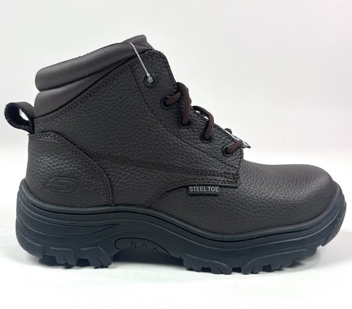 Skechers Work Steel Toe Leather Boots Mens 9.5 Wide Fit Brown Slip Resistant