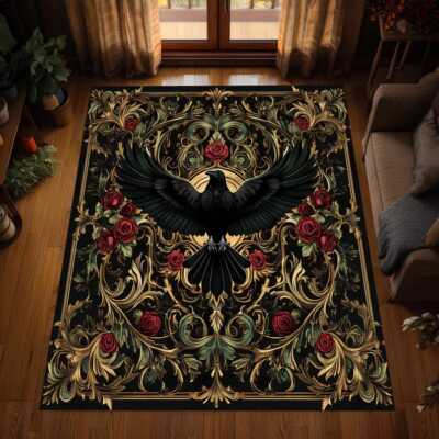 Gothic Raven Rug, Baroque Crow Art Rug, Elegant Black Area Rug, Vintage Style Ro