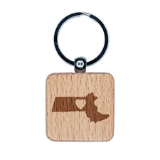 Massachusetts State with Heart Engraved Wood Square Keychain Tag Charm