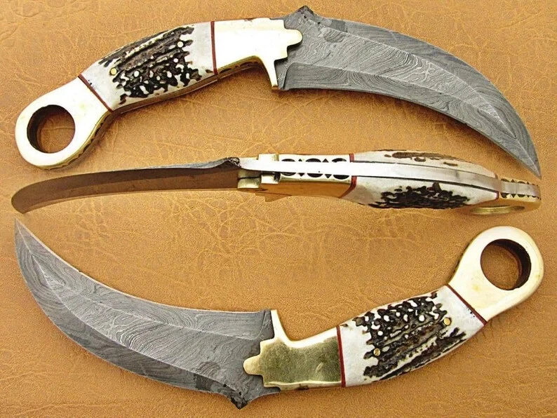 HANDMDE DAMASCUS STEEL KARAMBIT KNIFE WITH HORN STAG HANDLE GIFT FOR WEDDING