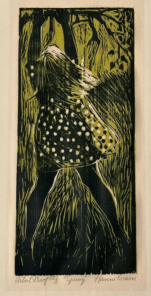 Impresión original tallada en madera "primavera" de prueba de artista Hanne Greaver en muy buen estado años 60 Foto 4 de 4