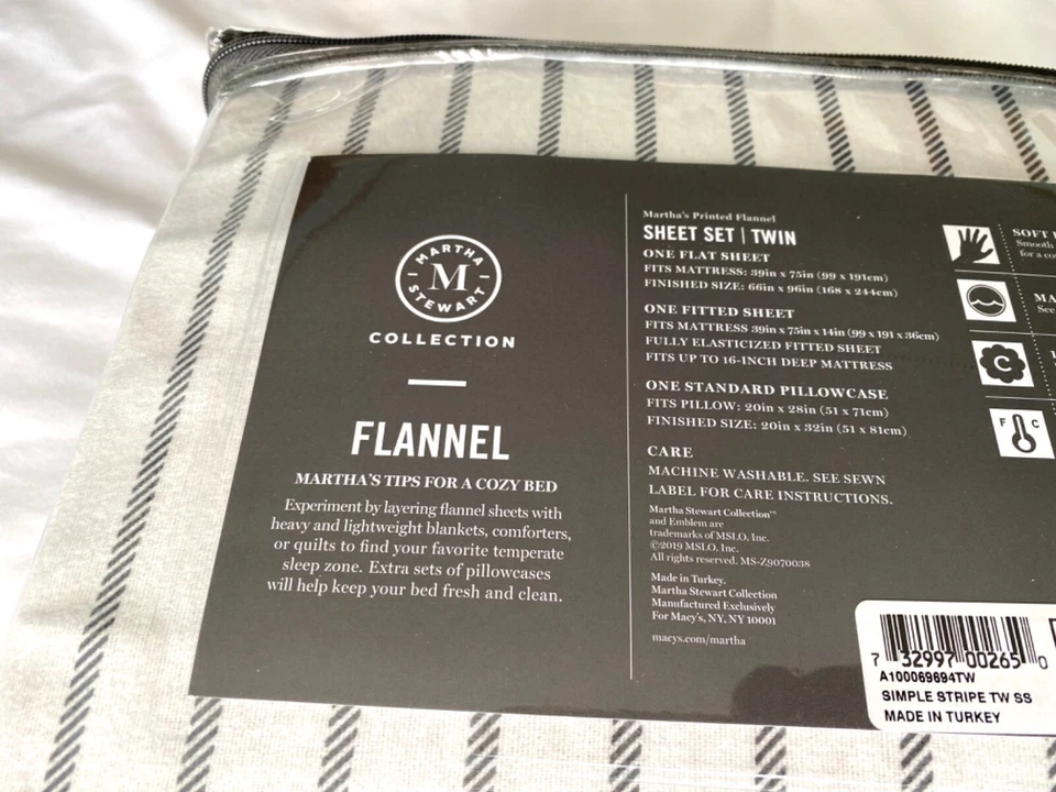 JUEGO DE SÁBANAS DOBLES 100 % Algodón Franela Raya Simple MARTHA STEWART Gris Blanco NUEVO Foto 2 de 4