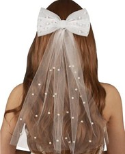 Elegant Bridal Hair Bow Bride Veil with Pearls Bachelorette Party Accessorie...