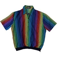 VTG Alan Stuart Mens Rainbow Stripe Short Sleeve Disco Shirt Pocket Pride Sz L