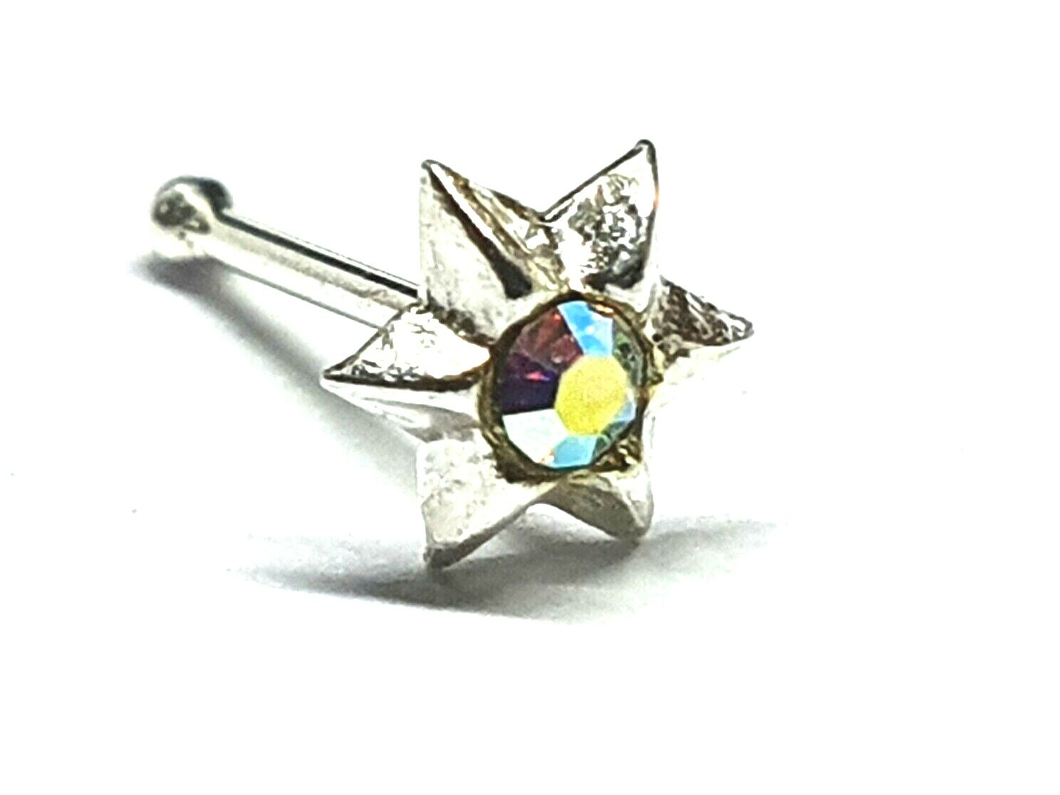 Star Sun Nose Stud AB CZ Cubic Zirconia 22g (0.6mm) Sterling Silver Ball End
