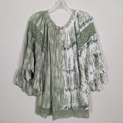 SURF GYPSY Sage Green Tie Dye Off The Shoulder Lace bell sleeve Tunic Sz M