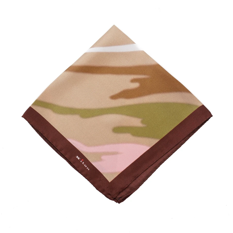 Kiton Napoli Gold-Green-Pink Abstract Print Silk Pocket Square - Image 2 of 4