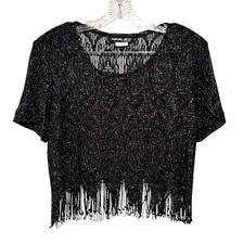 Vintage Shar Ade Cropped Sheer Black Metallic Lace Top Size 12 Fringe USA Disco