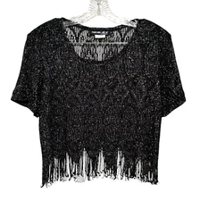Vintage Shar Ade Cropped Sheer Black Metallic Lace Top Size 12 Fringe USA Disco