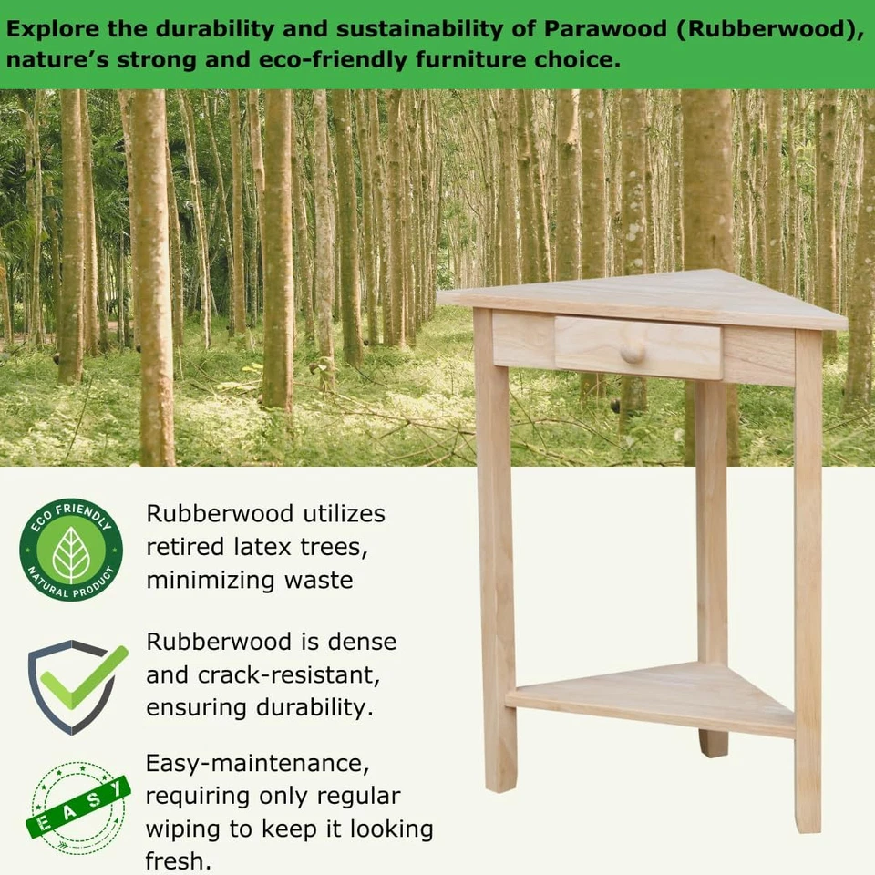 Corner Accent Table Solid Real Wood, Sturdy Parawood, 19.7" W X 9.9" D X 24" H, - Image 3 of 4