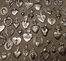 25 Milagro HEART Charms Mexican Folk Art SILVER All HEARTS Charm Lot