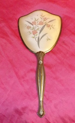 Vintage 1950s Gold Tone Hand Held Vanity Mirror w/ Floral Design