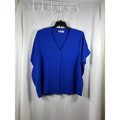 31:25 Boutique Royal Blue V-Neck Crepe Blouse Oversized Short Sleeve Top  L