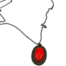 VTG Boho Bronze Tone Orange Oval Cabochon Pendant Long Chain Necklace Lobster
