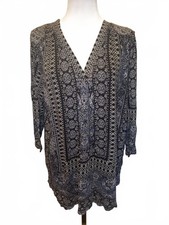 Lucky Brand Black Blue Gray Paisley Tunic Blouse 1X Boho V Neck Long Sleeve