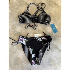 Cupshe Striped Floral Bikini Set Swimsuit Women's XS Black White Reversible