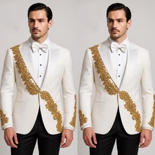 White Men's Suits Gold Luxury Beading Coat 2Pcs Peak Lapel Dinner Party Jacket