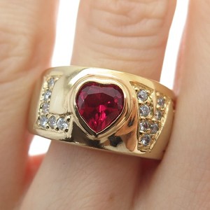 Authentic 925 Sterling Silver Gold Plated Real Heart-Cut Ruby & C Z Love Ring Size 9.25