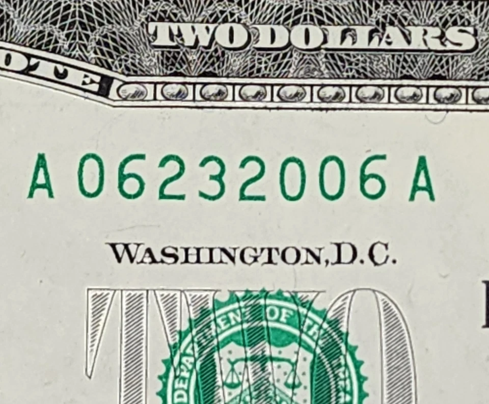 JUNE 23 2006 UNC $2 DOLLAR BILL ~06232006~ FANCY SERIAL # BIRTHDAY ANNIV NOTE - Image 2 of 3