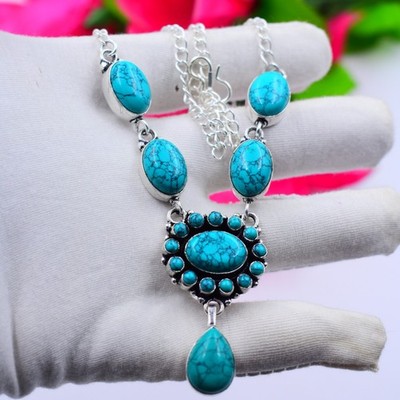 Blue Turquoise Gemstone Handmade 925 Sterling Silver Jewelry Necklace Sz-17-18''