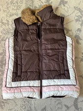 Puffer Vest by 77 SEVENTY SEVEN Faux Fur Trimmed Collar Brown & Multicolor M