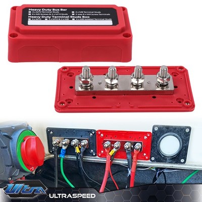 Heavy Duty 4 Way Bus Bar/Power Distribution Box Terminal Studs 300A 48V DC Red