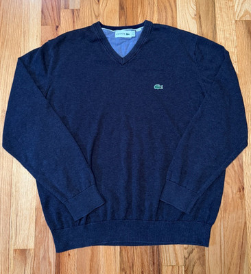 Mens Lacoste V Neck Sweater Dark Gray Cotton Pullover Fits M Preppy Croc Logo
