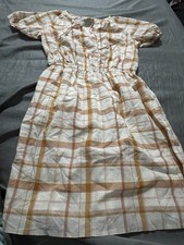 LOFT Petite SP Plaid Cotton Midi Dress Short Sleeve Crew Neck White Pink Orange