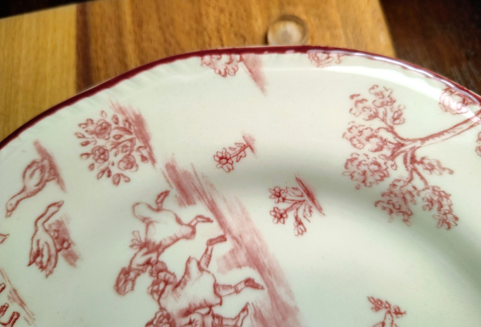 4 Wood & Sons Toille De Joile Scene Pink 7 3/4” Salad Plates England Red EUC Set