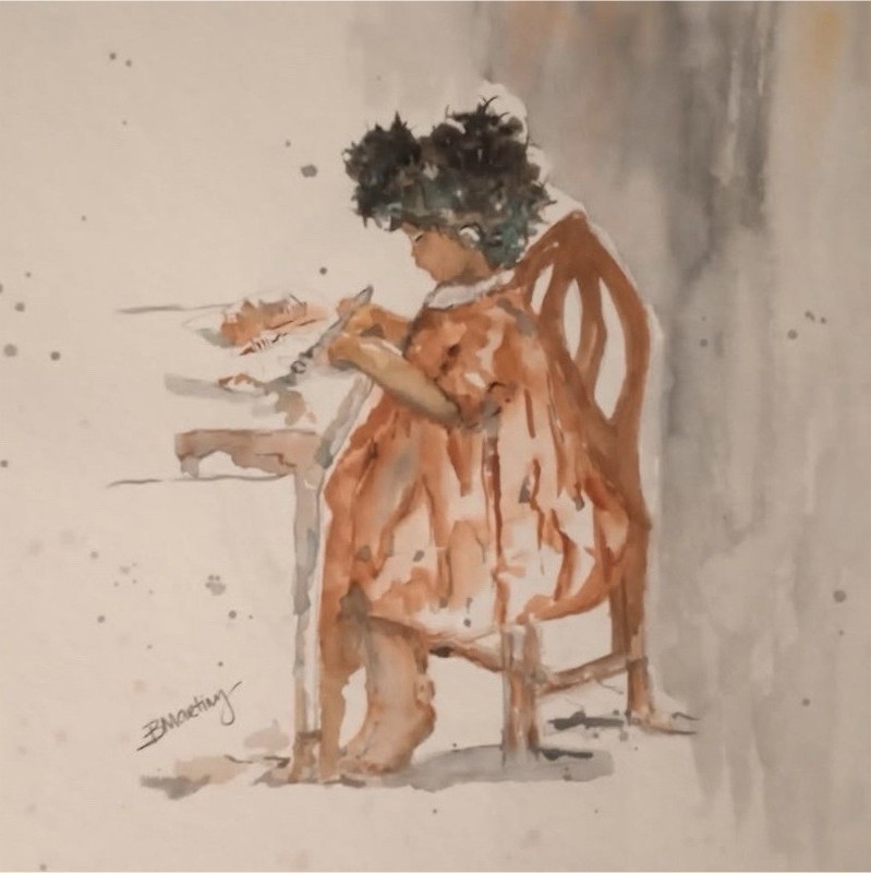 Original Watercolor Painting Woman Reading Seated Signed by BMartinez