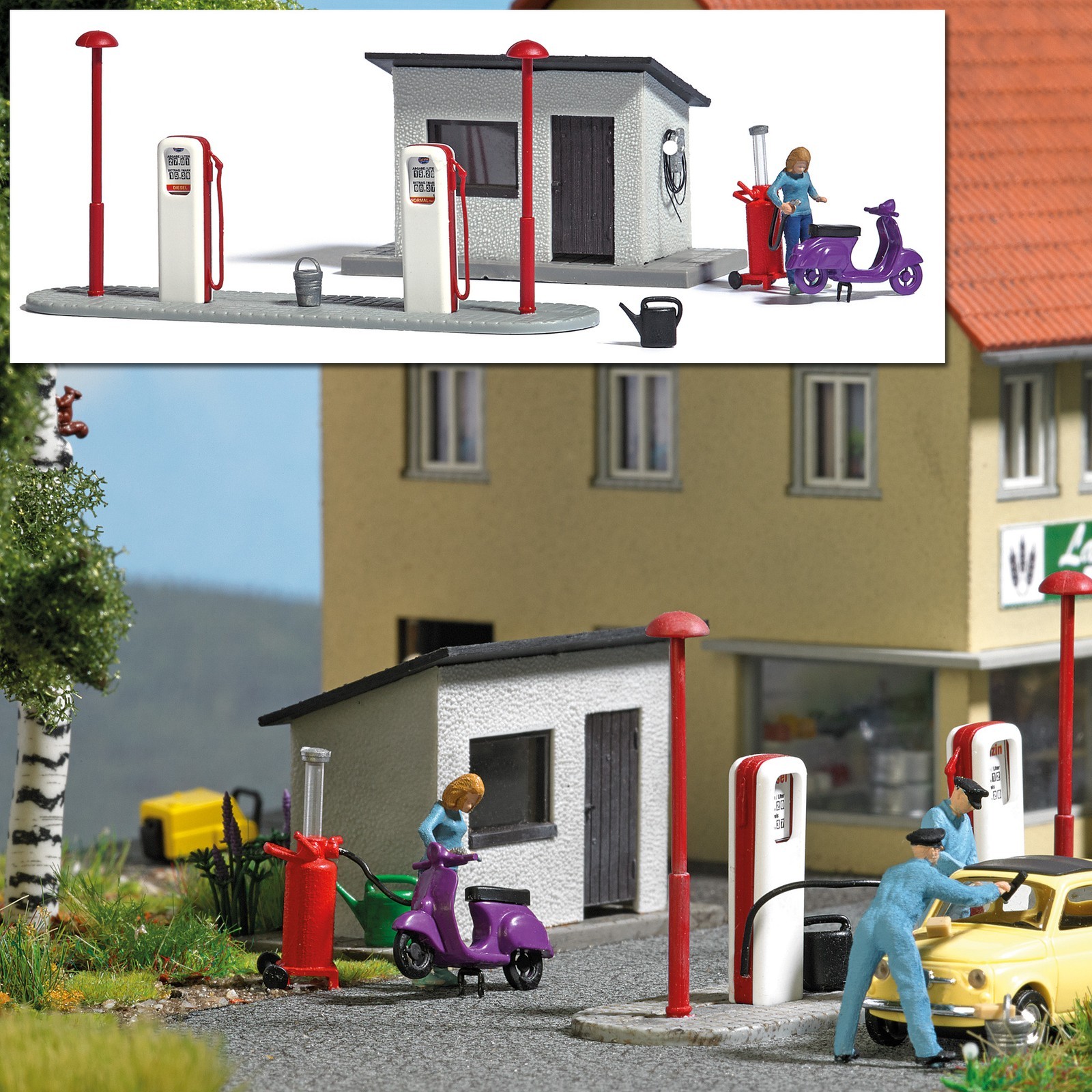 Busch H0 7832 Action Set: Gas Station with Scooter Scene Set Diorama 1:87