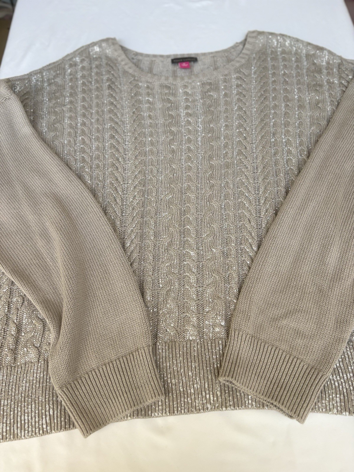 Vince Camuto Metallic Cable-Knit Pullover Sweater Beige L XL Long Sleeve image 3