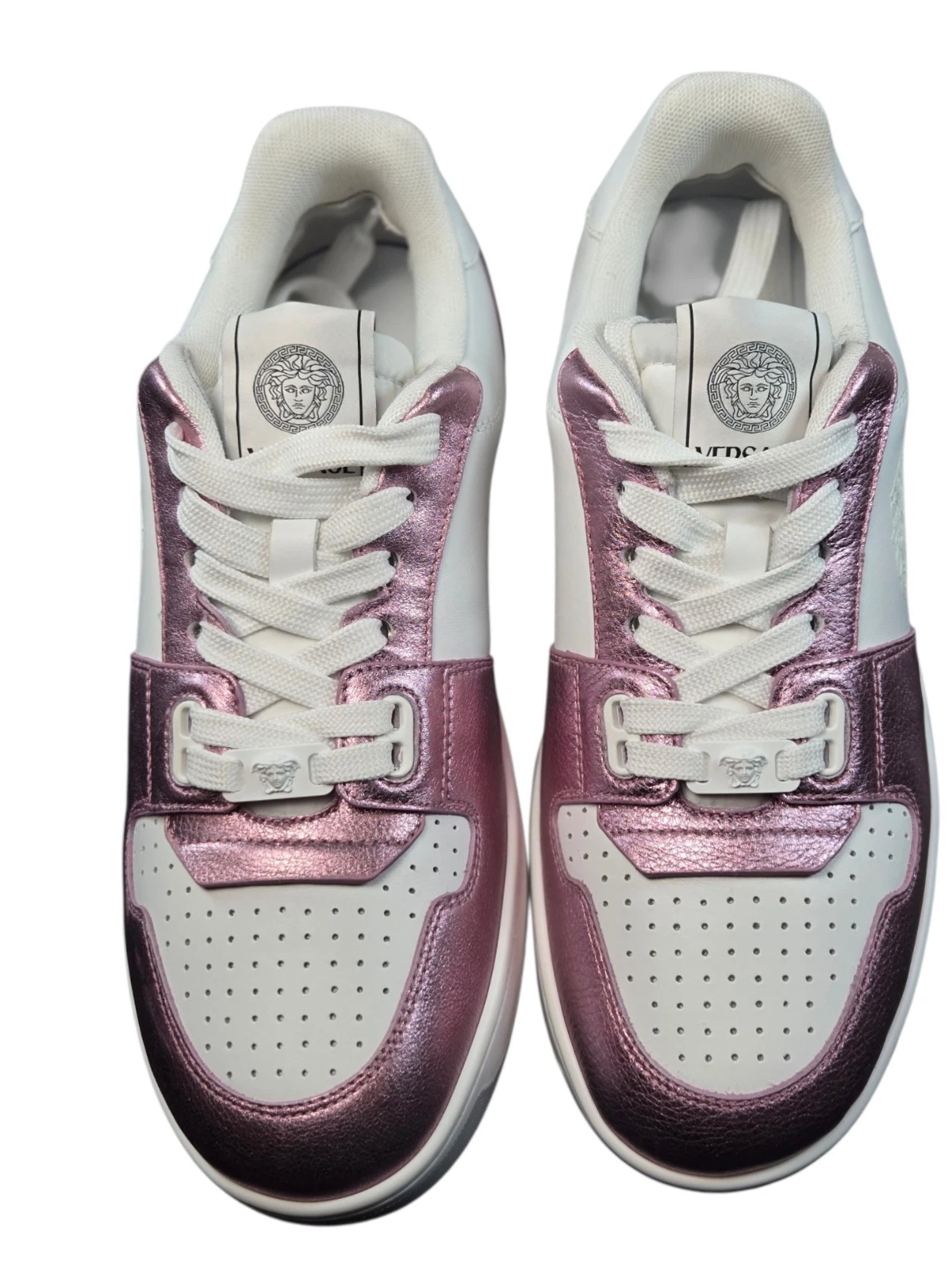 Versace — NIB $725 VERSACE Medusa Low Top Sneakers Pink Metallic White Leather US 10 IT 40