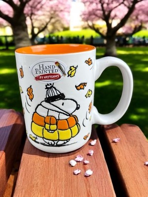 Peanuts Snoopy Candy Corn Puffer Jacket Fall Halloween Coffee Tea Mug Cup NEW