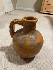 Antique Mid-Century Modern Terracotta Pottery Pitcher Vase w Braided Handle Jug
