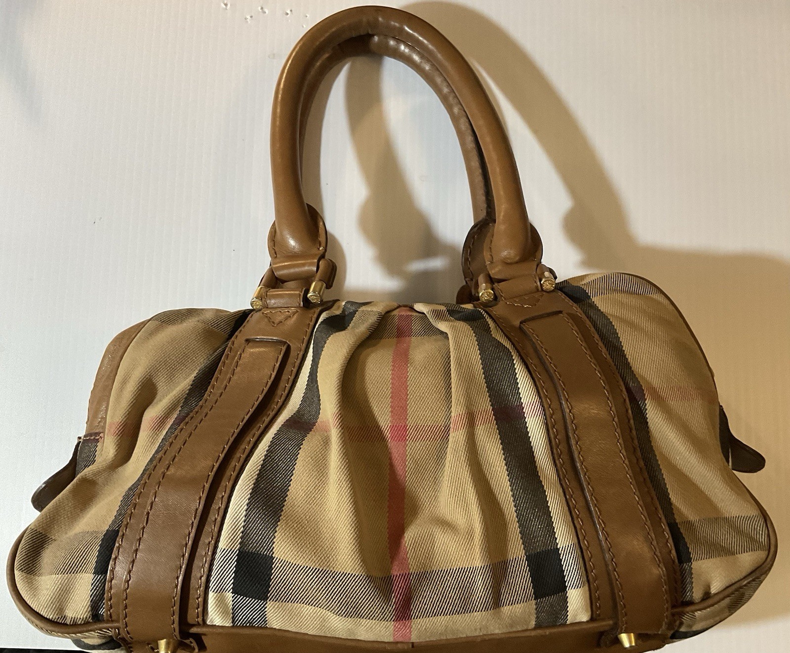 Burberry Brown & Beige House Check Fabric & Leather Ashbury Knight Handbag Italy