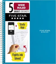 Five Star Spiral Notebook 5 Subject Wide Ruled Paper, 10.5"x8" - 200 Sheets