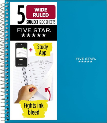 #ad Five Star Spiral Notebook 5 Subject Wide Ruled Paper 10.5quot;x8quot; 200 Sheets $12.52