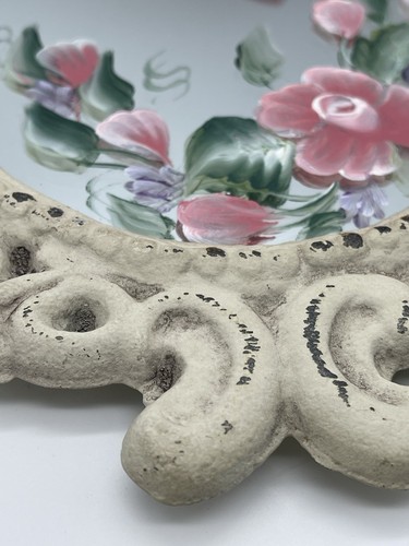 Cast Iron Rustic Victorian Roses Painted on Mirror White Hanging Mirror 9" X 12" - Picture 3 of 5