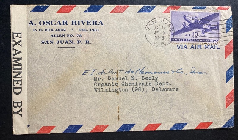 1943 San Juan Puerto Rico USA Censored Commercial Cover To Wilmington