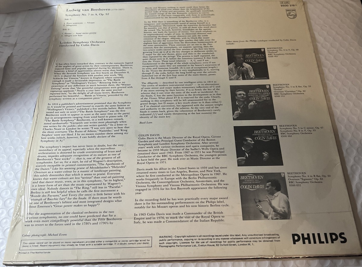 Beethoven Symphony No 7 London Symphony Orchestra Colin Davis LP