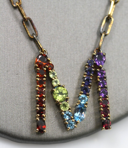 Sterling Silver 925 Vermeil multi color gemstone initial letter M Necklace chain - Picture 9 of 9
