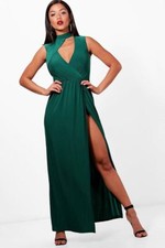 BOOHOO Ana Choker One Shoulder Split Leg Maxi Dress EVERGREEN SIZE 10 UK No1 C