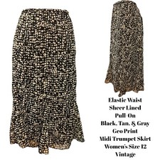 Sheer Lined Black/Tan Geo Print Trumpet Midi Skirt Women 12 VTG