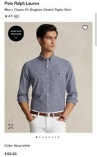 Polo Ralph Lauren Classic-Fit Gingham Stretch Small Navy Blue  White Button Up
