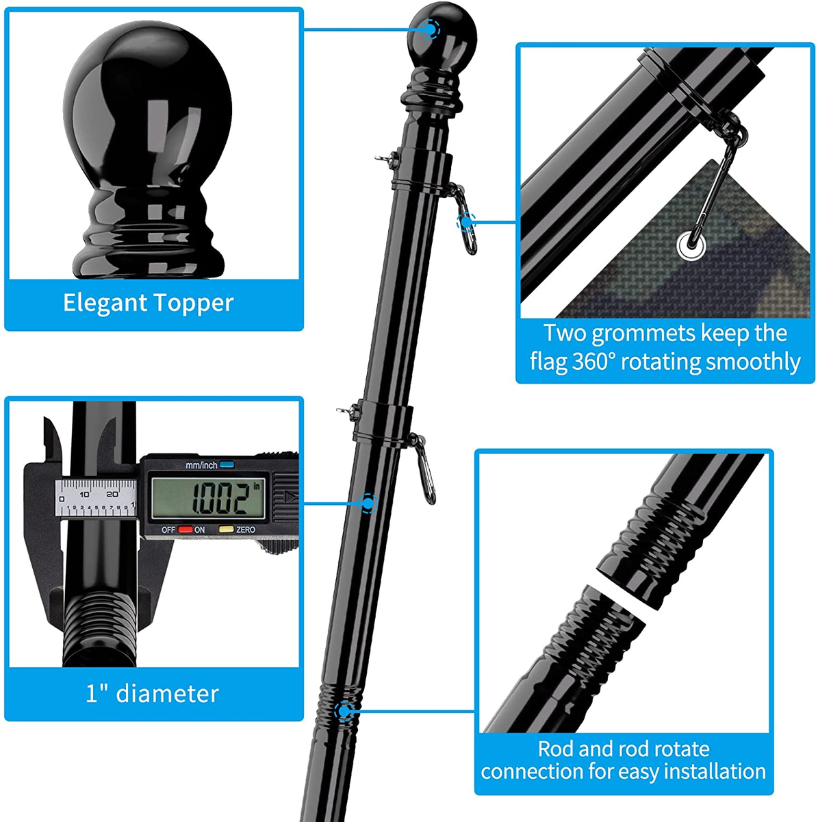 6 FT Heavy Duty Flag Pole Kit - Metal Wall Mount Pole With 2 Rotating Rings, Black