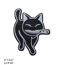 Black Cat With Knife in Mouth Funny Killer Cat Meme Embroidered Iron On Patch